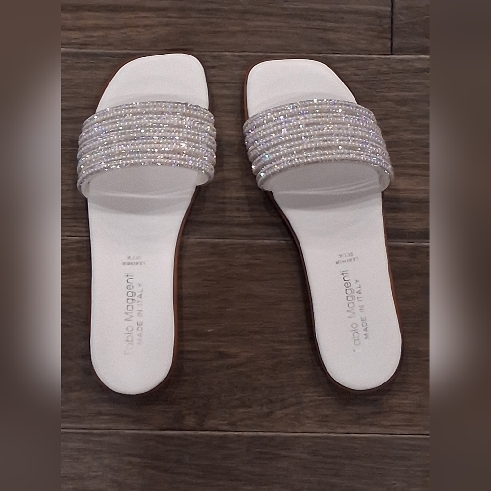 Women's White With Beads Slide Sandals